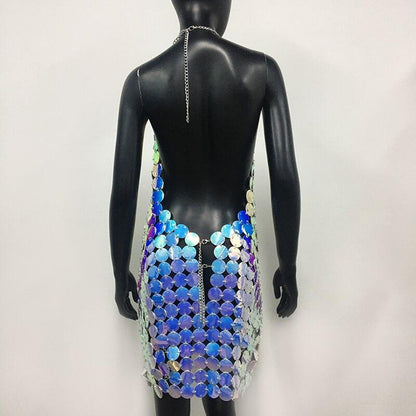 Sexy Metal Sequins Mini Dress Backless Neck Halter Party Night club Carauana Store