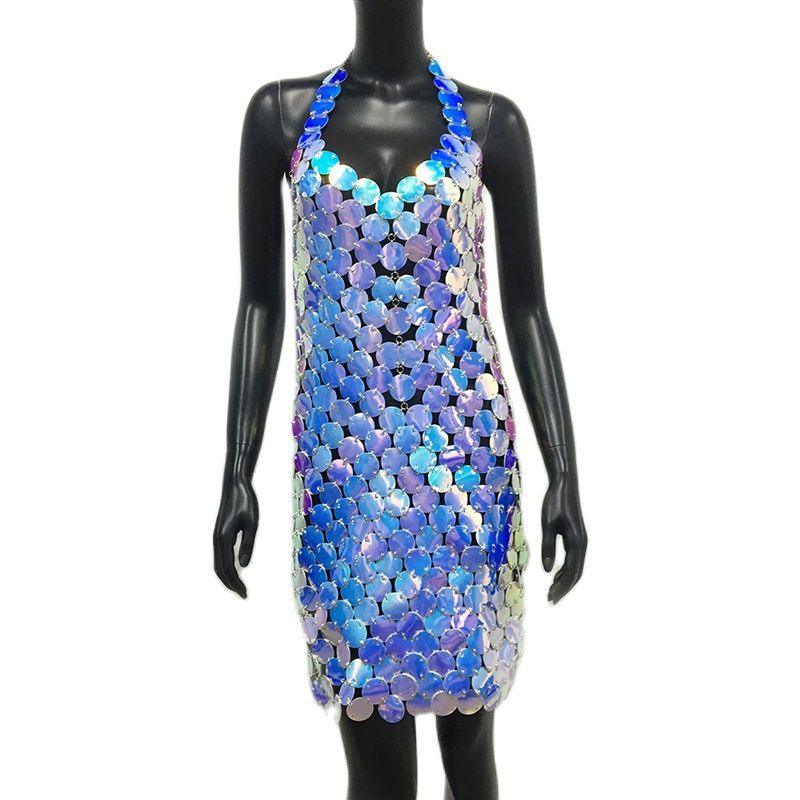 Sexy Metal Sequins Mini Dress Backless Neck Halter Party Night club Carauana Store