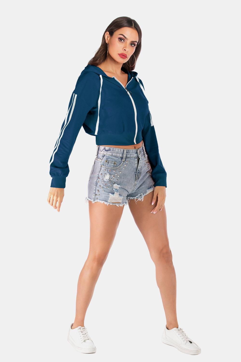 Side Stripe Drawstring Cropped Hooded Jacket Carauana Store