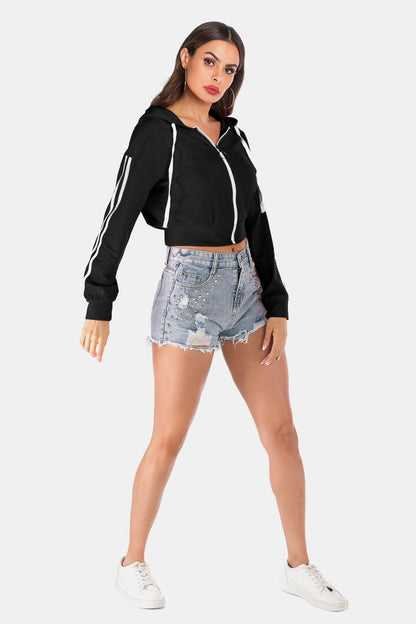 Side Stripe Drawstring Cropped Hooded Jacket Carauana Store