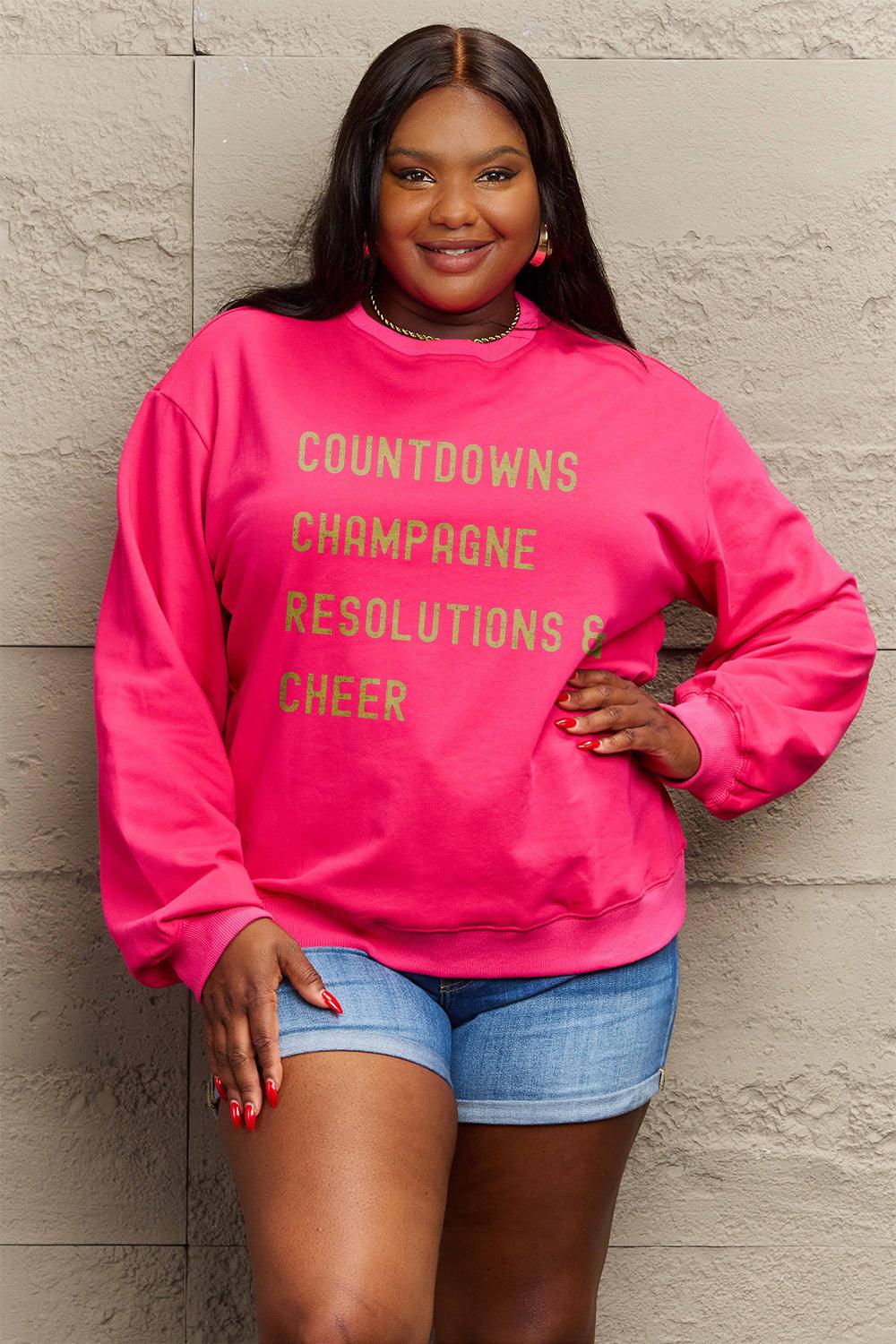 Simply Love Full Size COUNTDOWNS CHAMPAGNE RESOLUTIONS & CHEER Round Neck Sweatshirt Carauana Store