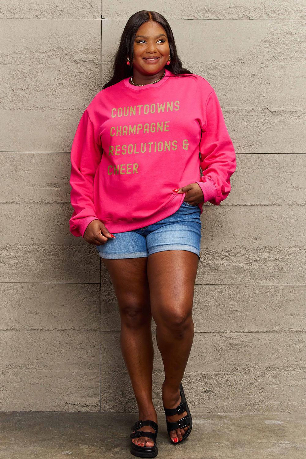 Simply Love Full Size COUNTDOWNS CHAMPAGNE RESOLUTIONS & CHEER Round Neck Sweatshirt Carauana Store