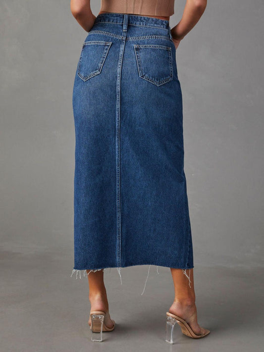 Slit Raw Hem Midi Denim Skirt Carauana Store