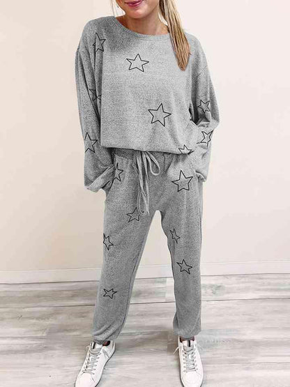 Star Print Long Sleeve Top and Pants Lounge Set Carauana Store