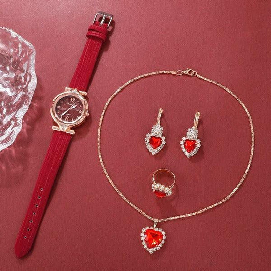 Stylish 5pcs Jewelry Set: Women's Leather Band Watch and Bracelet Carauana Store