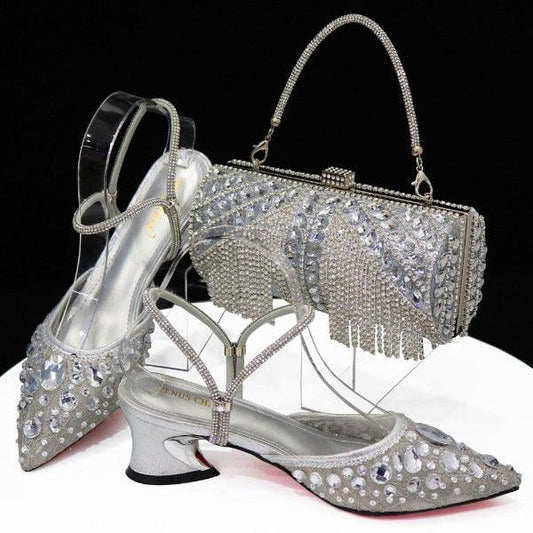 Venus Chan 2023 Fashion Rhinestone Heels Pointed-Toe Gold Colored Lace Tassel Design Elegant Luxury Shoes and Bag for Lady Party Carauana Store