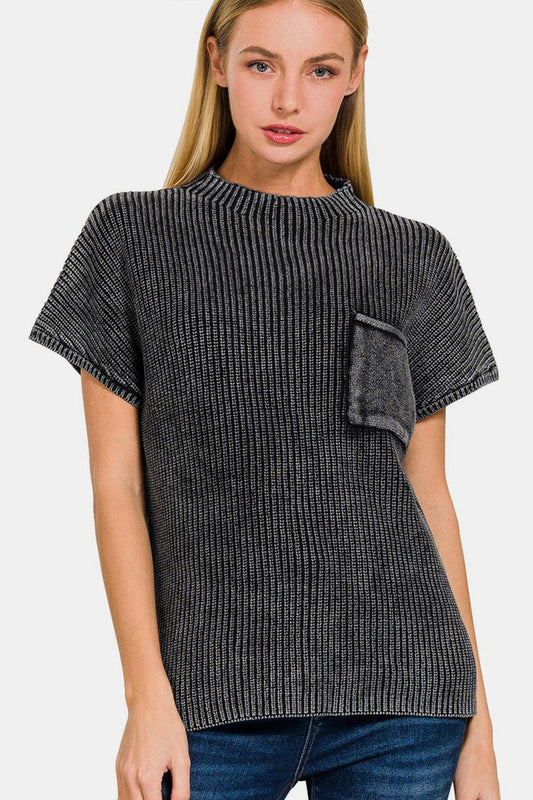Zenana Pocketed Mock Neck Short Sleeve Sweater Carauana Store