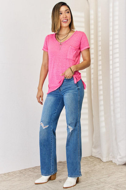 Zenana V-Neck Short Sleeve Slit T-Shirt Carauana Store