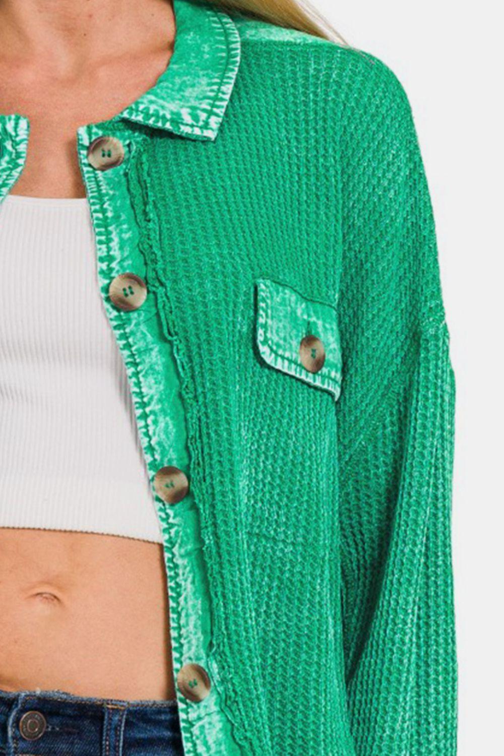 Zenana Waffle-Knit Button Up Dropped Shoulder Jacket Carauana Store