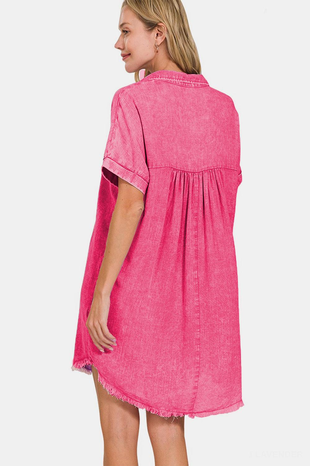 Zenana Washed Linen V-Neck Raw Hem Dress Carauana Store