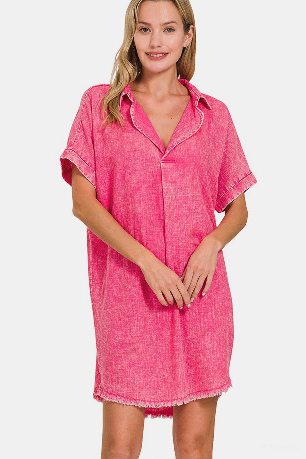 Zenana Washed Linen V-Neck Raw Hem Dress Carauana Store