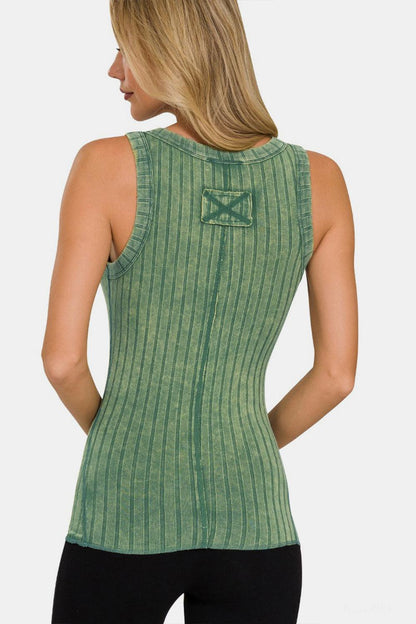 Zenana Washed Ribbed Half Snap Henry Tank Carauana Store