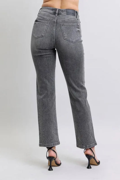 Judy Blue Full Size High Waist Rhinestone Straight Jeans Plus Size Carauana Store