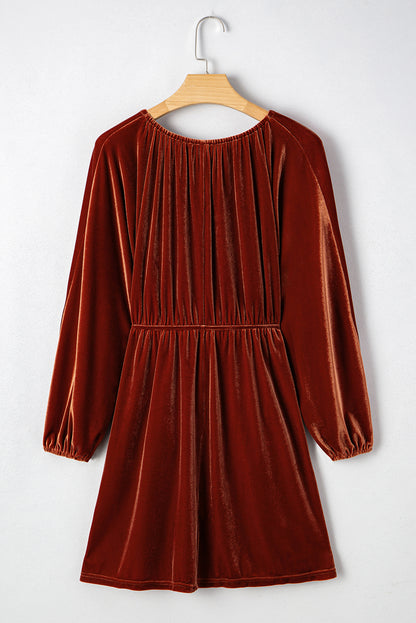 Clay Elastic V Neck Puff Sleeve Short Velvet Dress