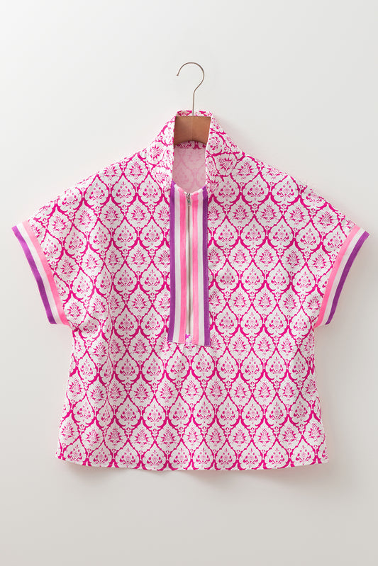 Pink Western Print Zipped Collar Short Sleeve Summer Blouse Top