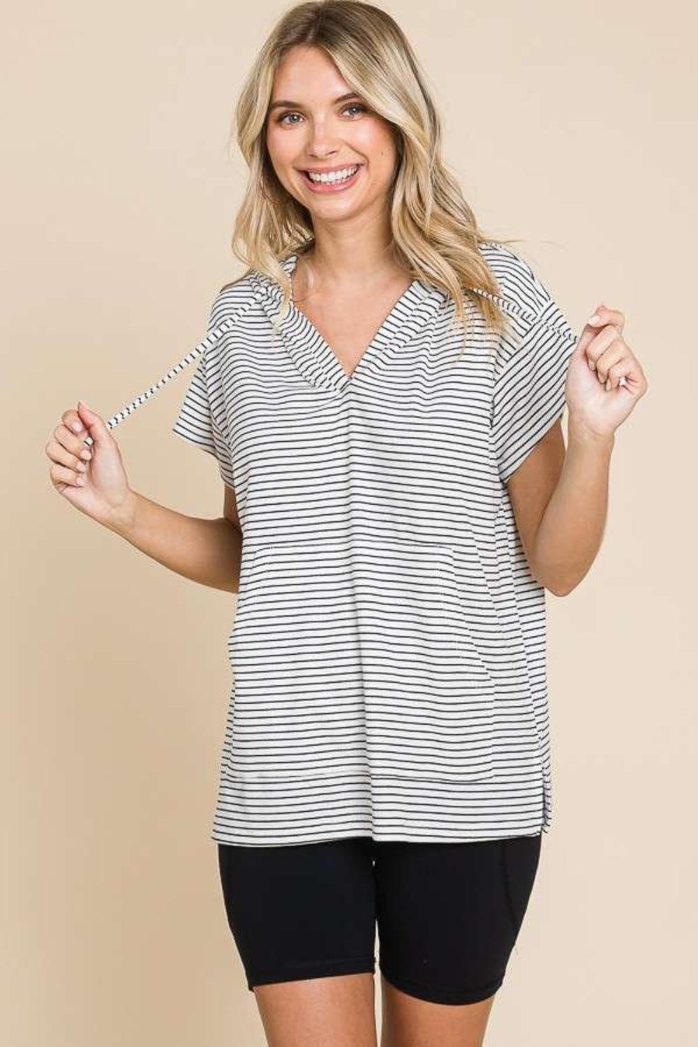 Culture Code Full Size Striped Short Sleeve Hooded Top Carauana Store