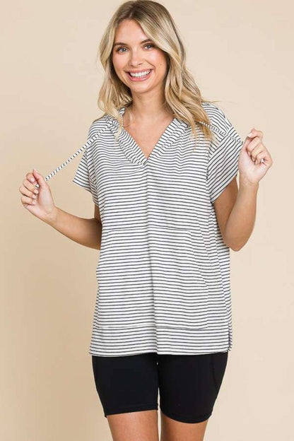 Culture Code Full Size Striped Short Sleeve Hooded Top Carauana Store