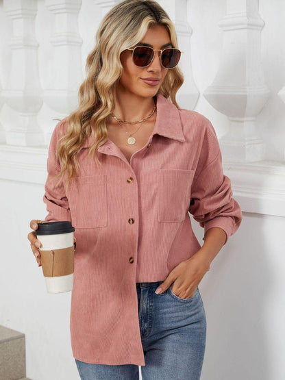 Button Up Dropped Shoulder Long Sleeve Outerwear Carauana Store