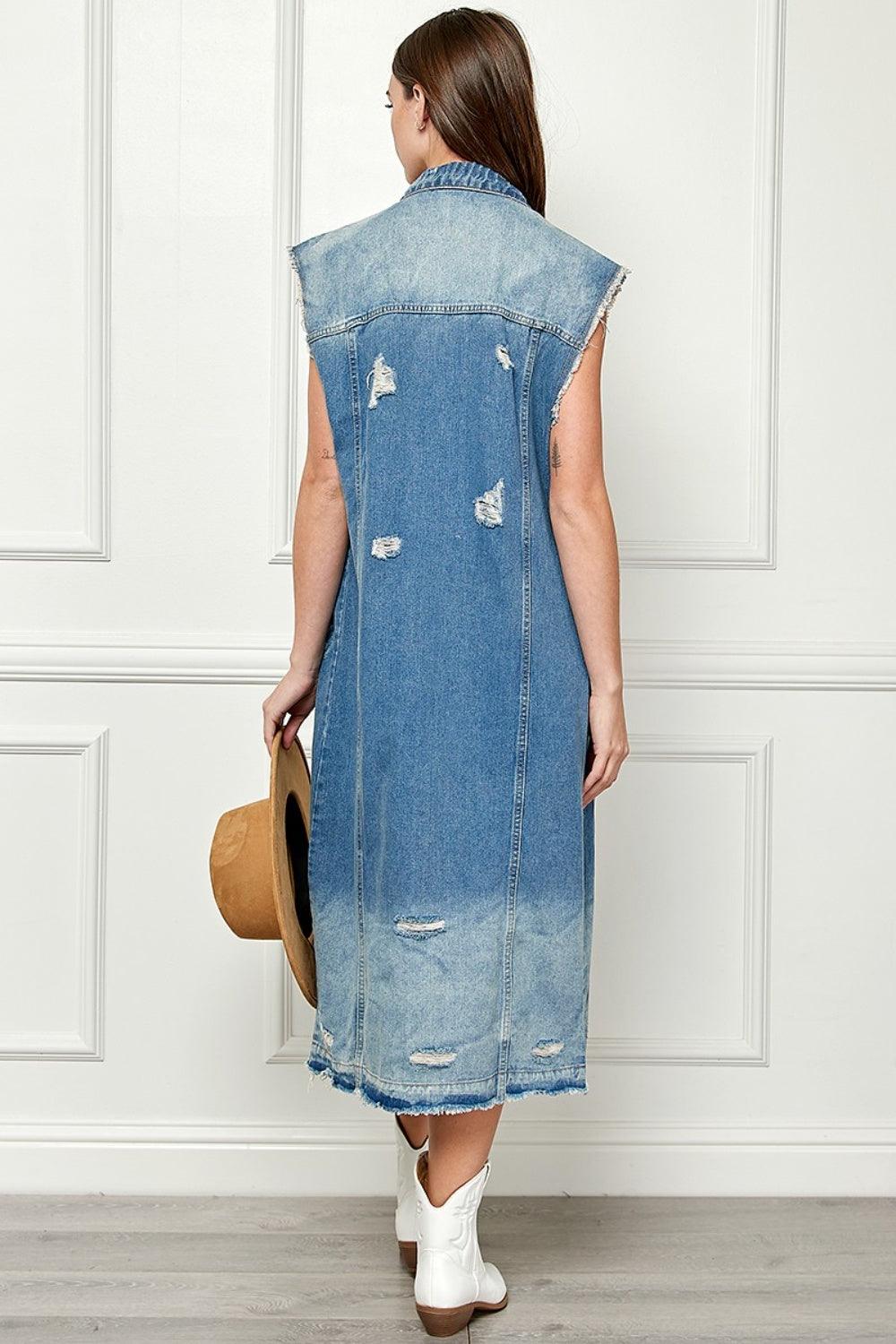 Veveret Full Size Distressed Sleeveless Longline Denim Jacket Carauana Store