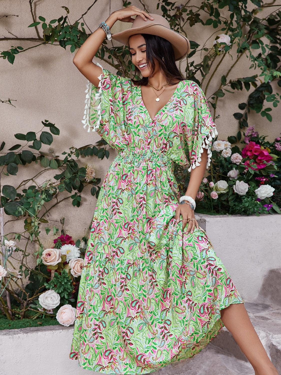 Smocked Floral V-Neck Short Sleeve Dress Carauana Store