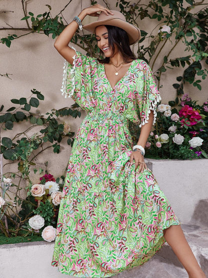 Smocked Floral V-Neck Short Sleeve Dress Carauana Store