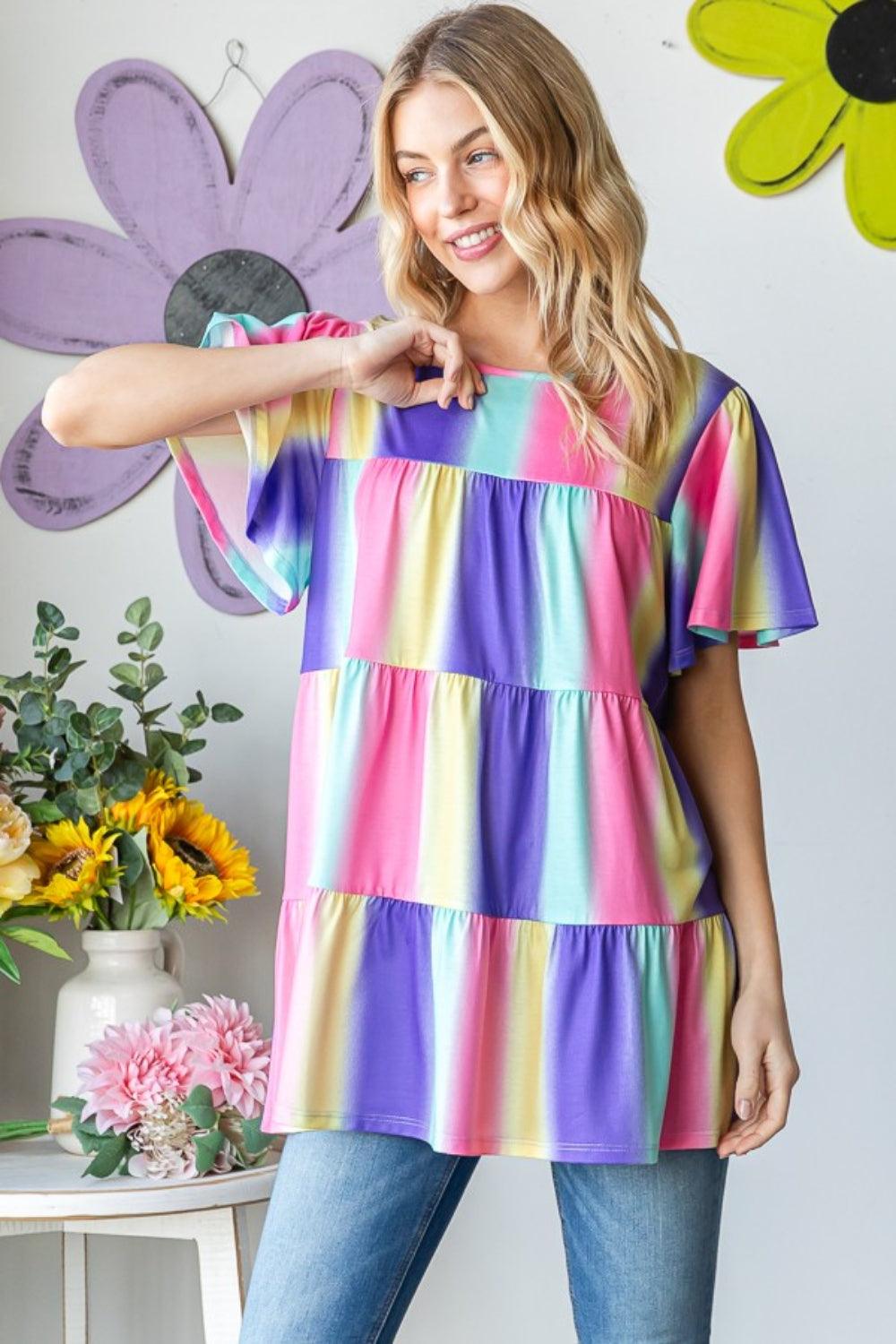 Heimish Full Size Short Sleeve Striped Tiered Top Carauana Store