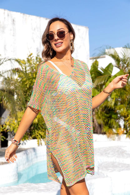 Slit Openwork V-Neck Short Sleeve Cover Up Carauana Store