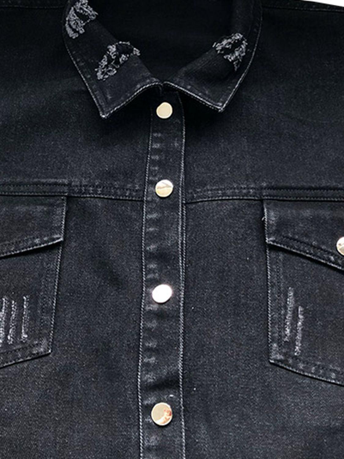Raw Hem Collared Neck Long Sleeve Denim Jacket Carauana Store