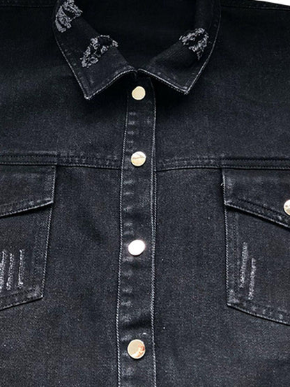 Raw Hem Collared Neck Long Sleeve Denim Jacket Carauana Store