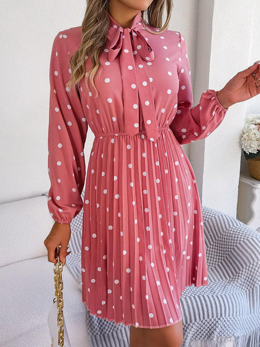 Polka Dot Tie Neck Pleated Dress Carauana Store