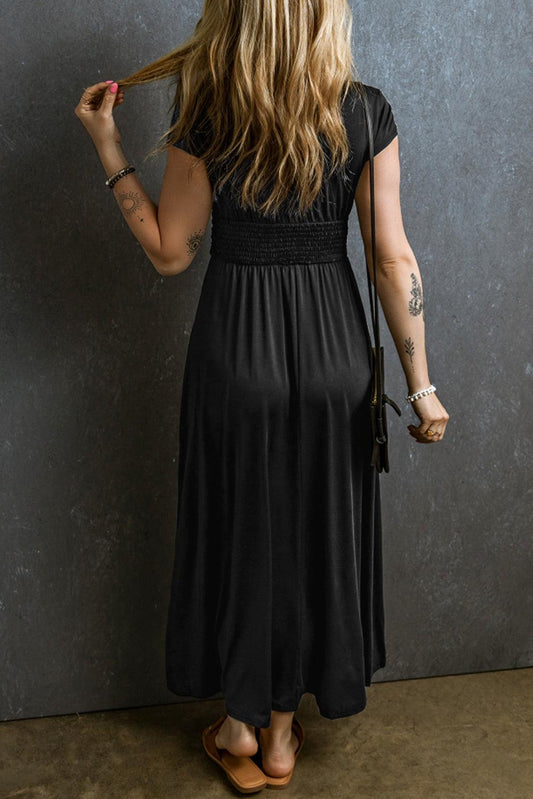 Smocked V-Neck Short Sleeve Dress Carauana Store