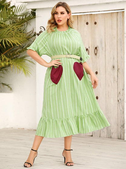 Plus Size Frill Heart Striped Half Sleeve Dress Carauana Store