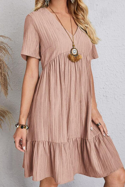 Full Size Ruched V-Neck Short Sleeve Dress Carauana Store