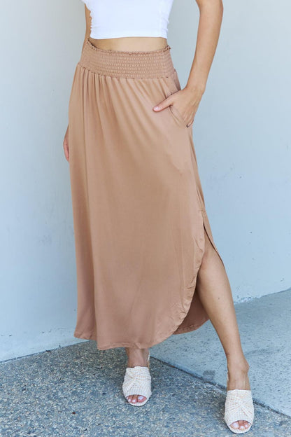 Doublju Comfort Princess Full Size High Waist Scoop Hem Maxi Skirt in Tan Carauana Store