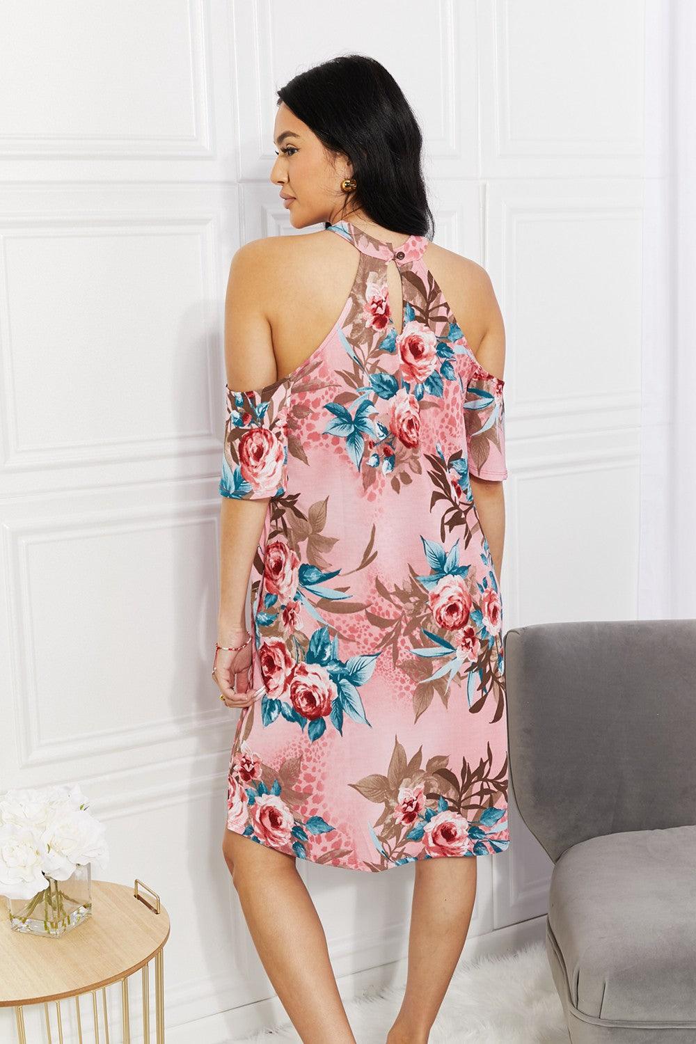 Sew In Love Full Size Fresh-Cut Flowers Cold-Shoulder Dress Carauana Store