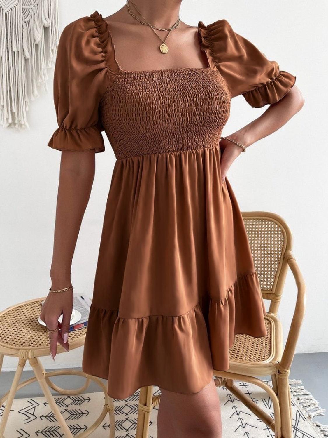 Smocked Square Neck Short Sleeve Dress Carauana Store