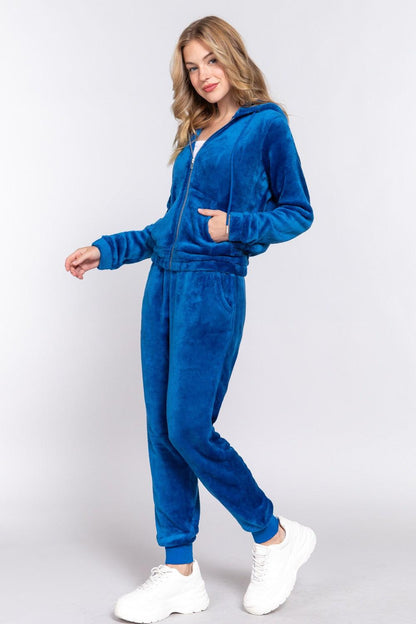 ACTIVE BASIC Faux Fur Zip Up Long Sleeve Hoodie and Joggers Set Carauana Store
