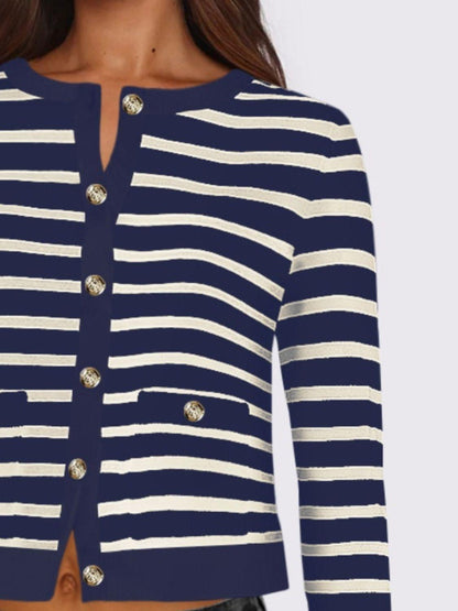 Striped Round Neck Button Up Long Sleeve Cardigan Carauana Store