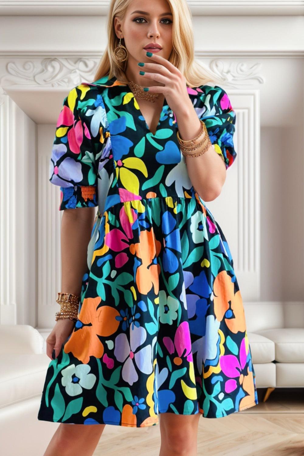 Printed Johnny Collar Half Sleeve Mini Dress Carauana Store