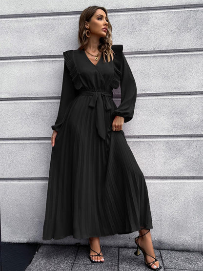 Pleated Surplice Tie Waist Maxi Dress Carauana Store