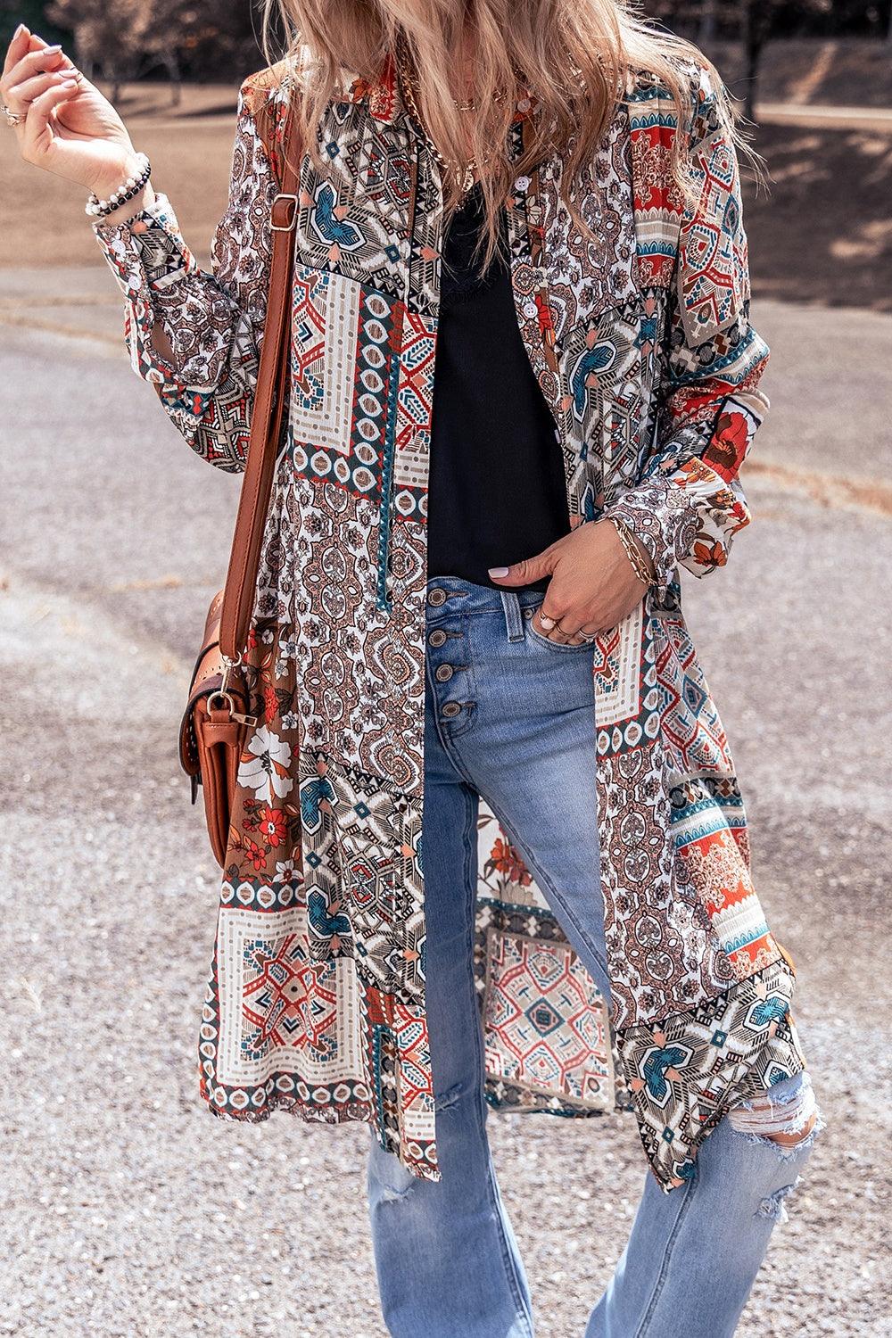 Printed Open Front Collared Neck Cardigan Carauana Store