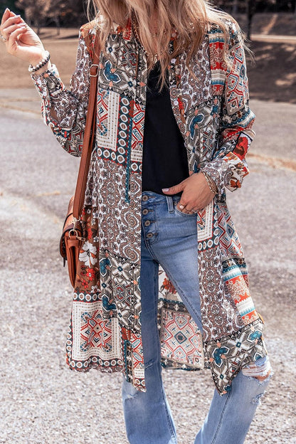 Printed Open Front Collared Neck Cardigan Carauana Store