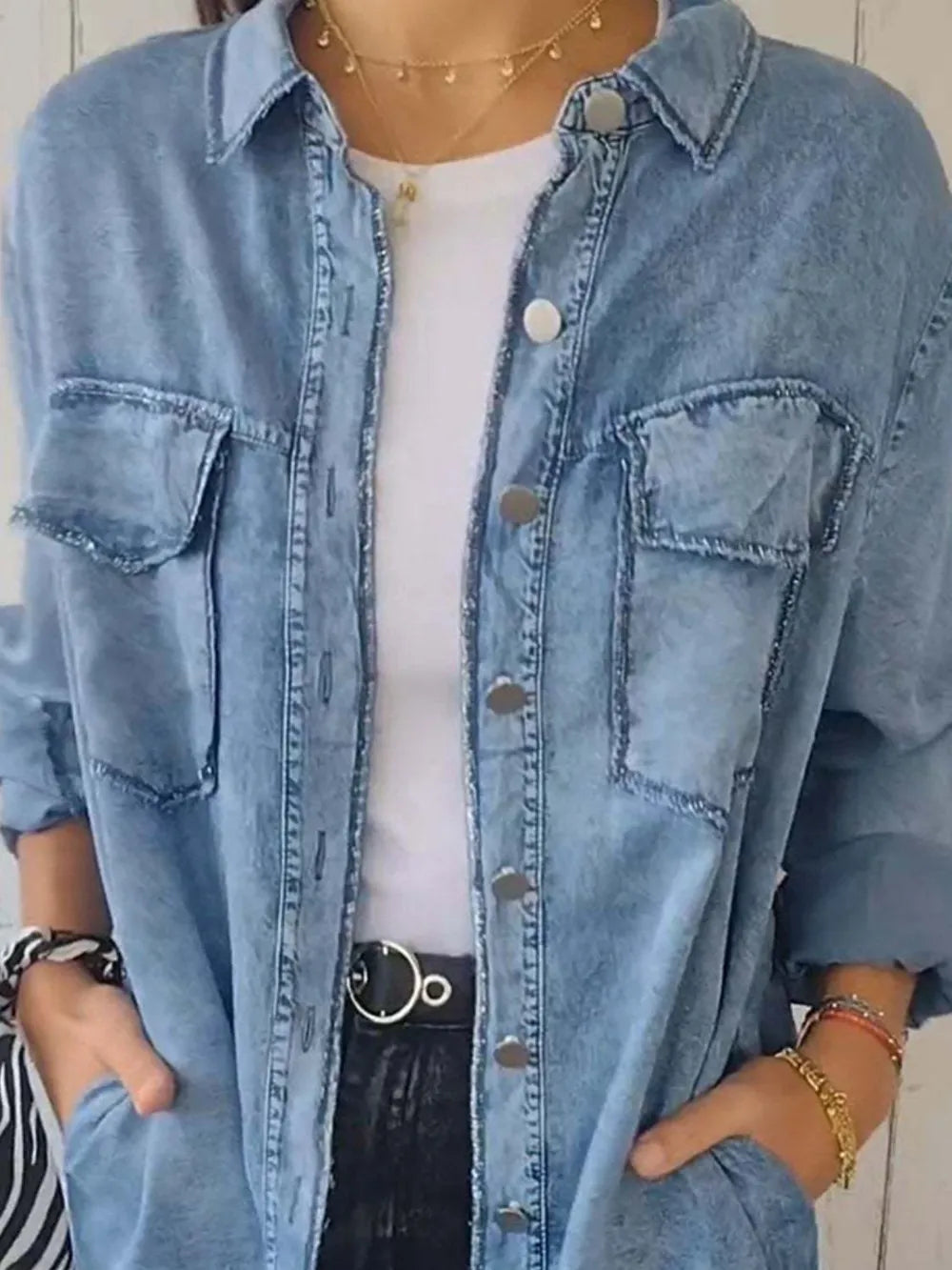 Full Size Raw Hem Button Up Long Sleeve Denim Top Plus Size Carauana Store
