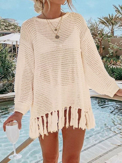 Double Take Openwork Tassel Hem Long Sleeve Knit Cover Up Carauana Store