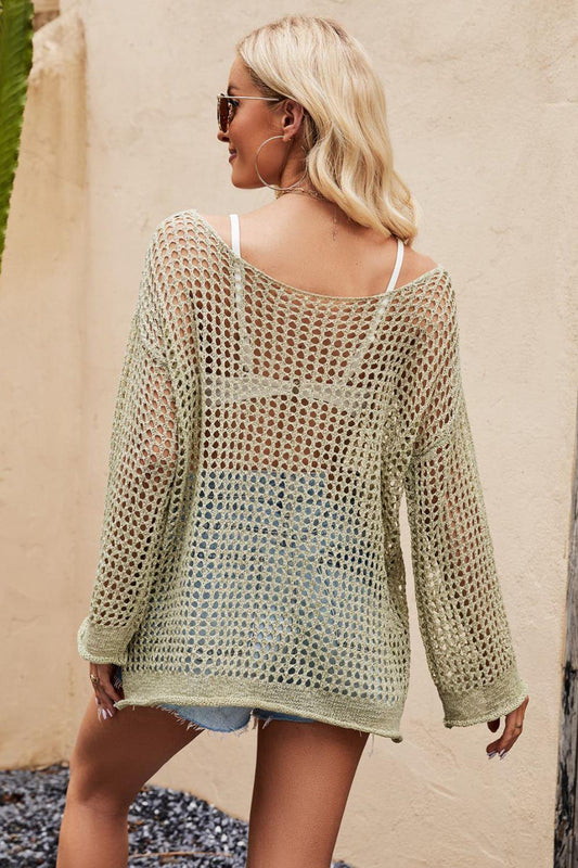 Openwork Round Neck Long Sleeve Cover Up Carauana Store