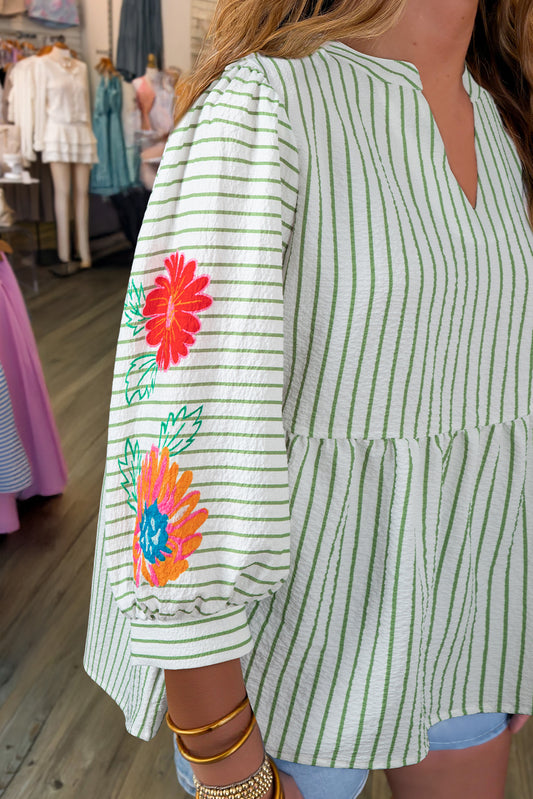 Green Stripe Flower Puff Sleeve Notched V Neck Babydoll Blouse