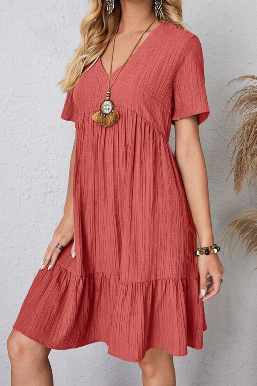 Full Size Ruched V-Neck Short Sleeve Dress Carauana Store