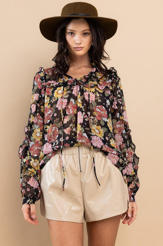 Ces Femme Ruffle Trim Long Sleeve Floral Blouse Carauana Store