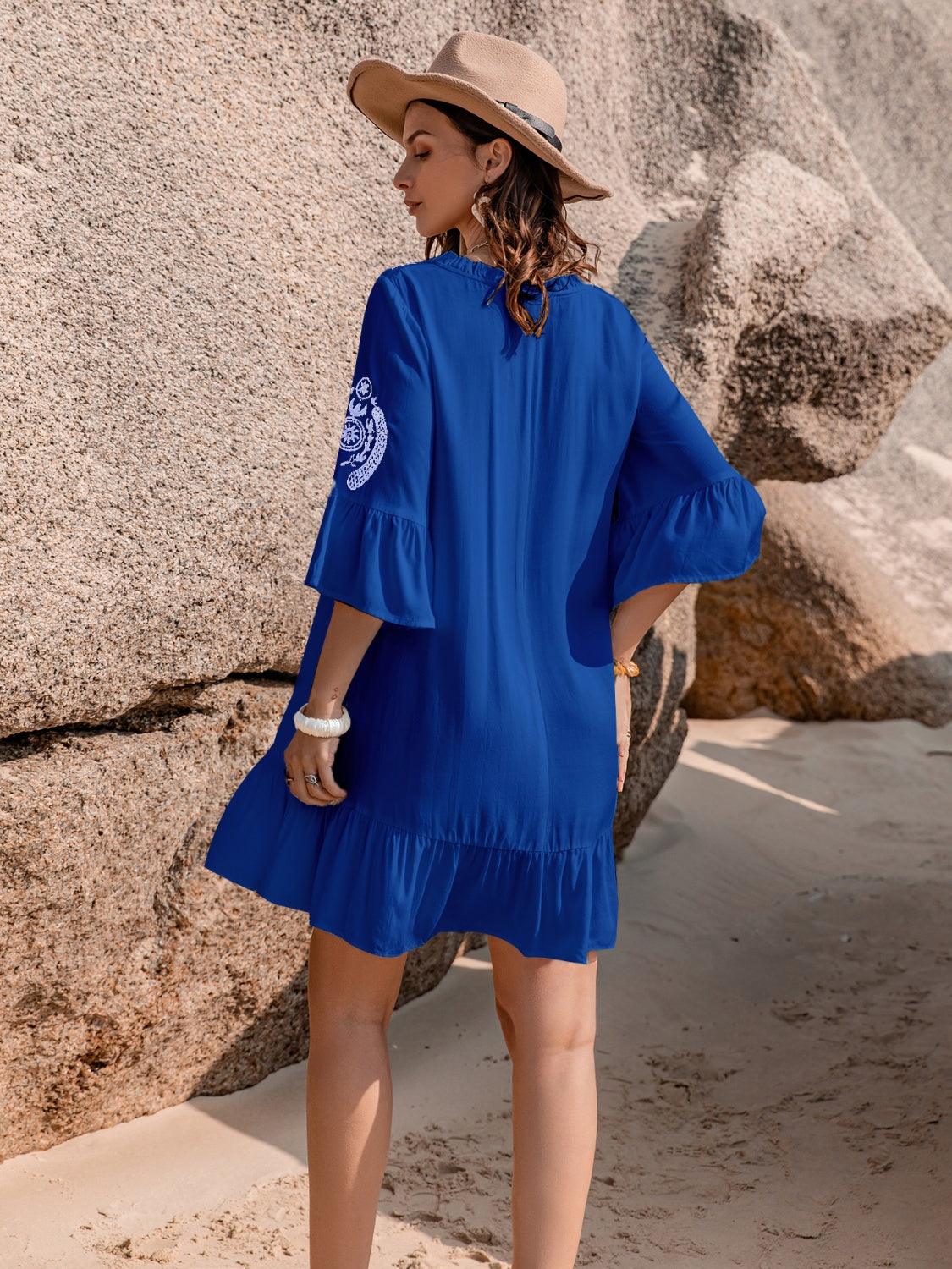 Printed Tie Neck Flounce Sleeve Mini Dress Carauana Store
