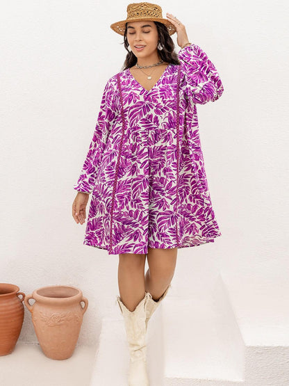 Plus Size Printed V-Neck Balloon Sleeve Mini Dress Carauana Store